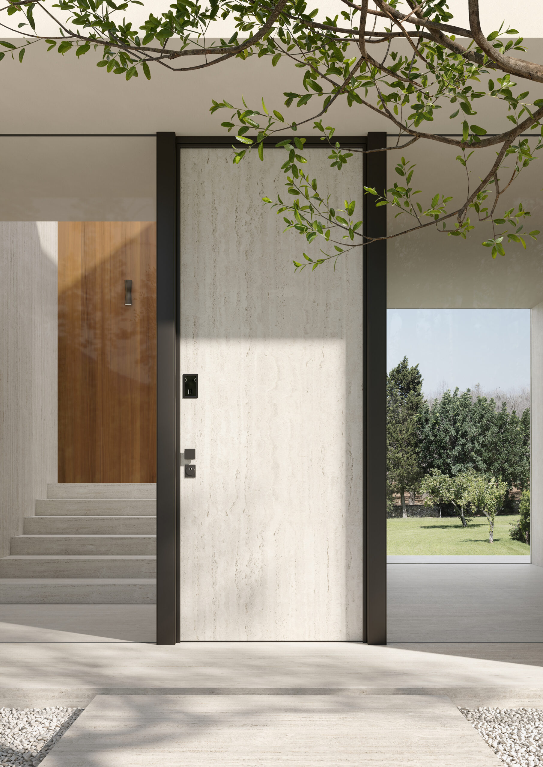 Porta d'ingresso moderna in cemento a vista con vetro e legno, circondata da natura, ideale per porte blindate a Firenze