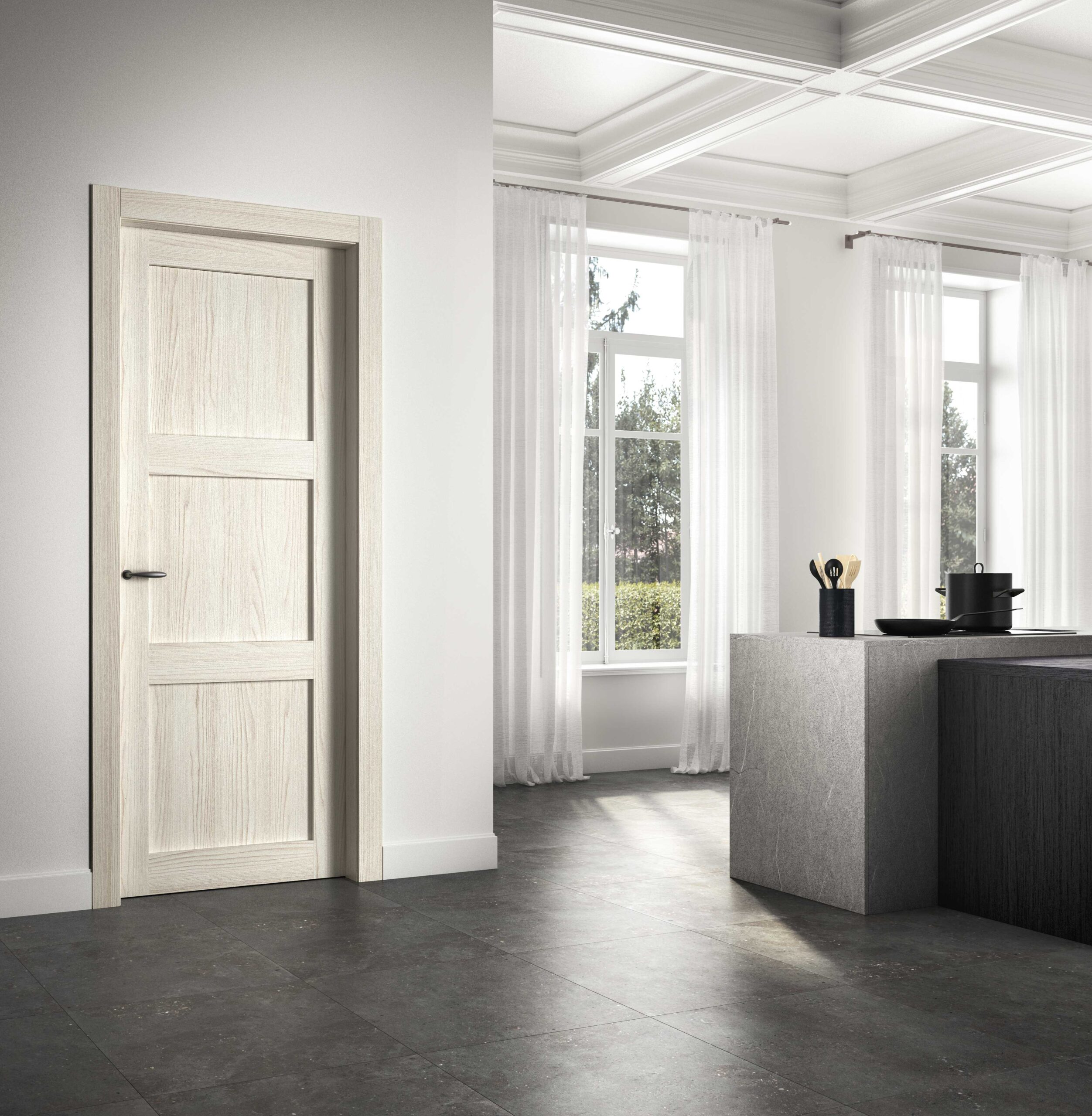 Porta interna in legno chiaro e angolo cucina moderna con isola in marmo e finestre con tendaggi leggeri, design minimal