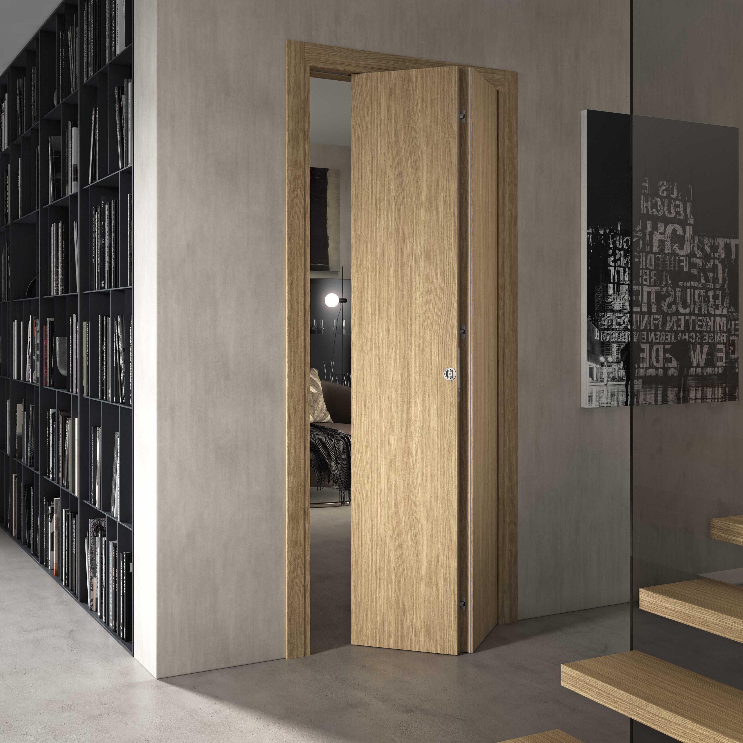 Porta in legno naturale che immette in una camera da letto moderna con libreria riempita di volumi e pareti in stile industriale, Infissi a Firenze