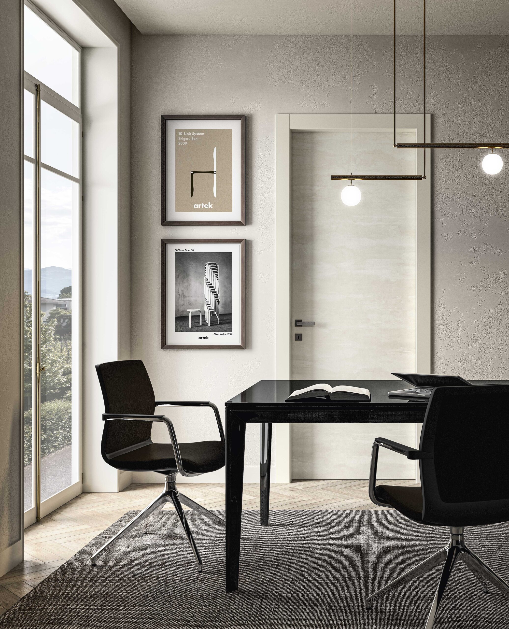 Ufficio moderno con tavola riunioni, sedie ergonomiche e poster design Artek su parete grigia, vista panoramica su città