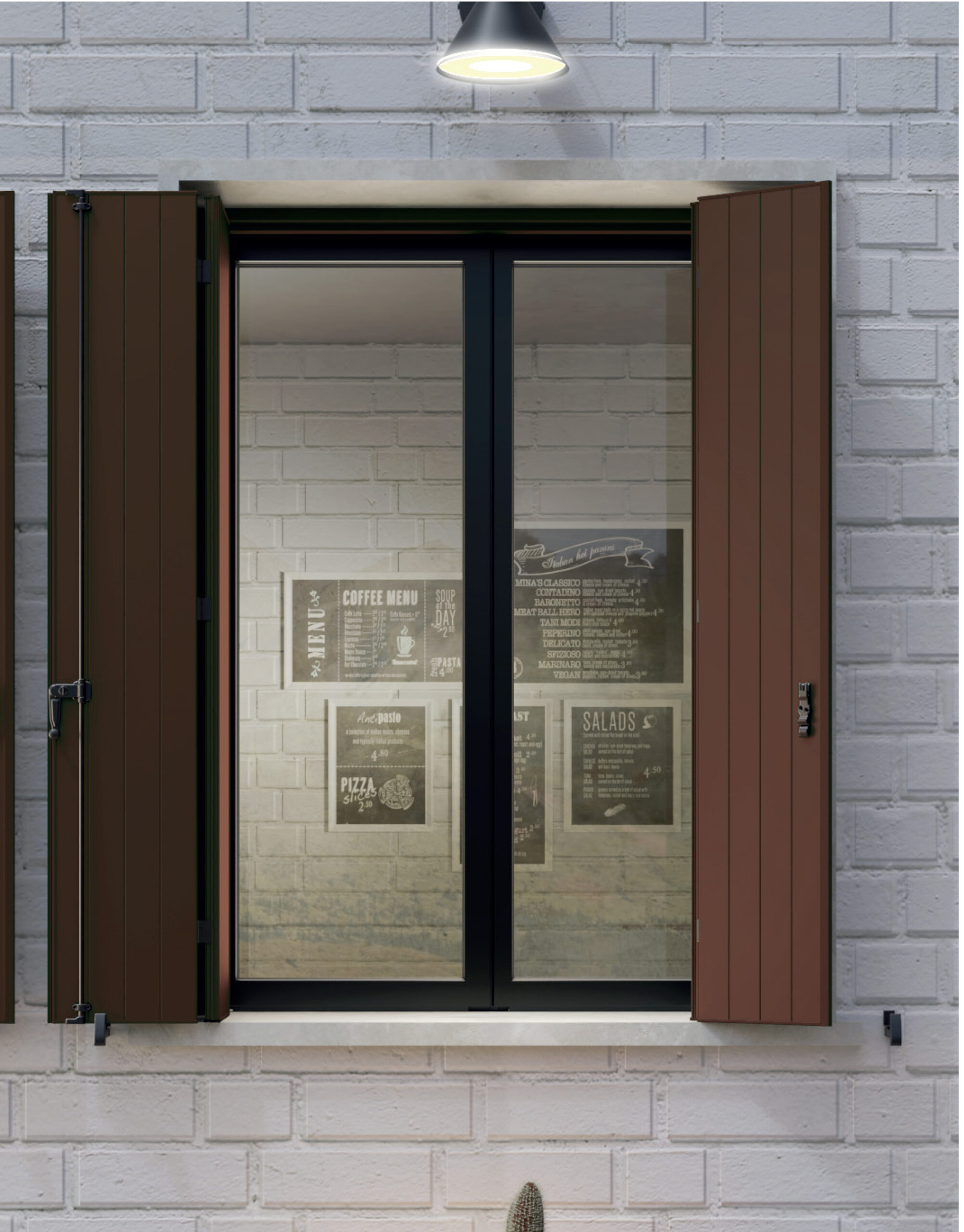 Finestre a Firenze con menu cibo e bevande affissi su vetro, stile ristorante accogliente e vintage