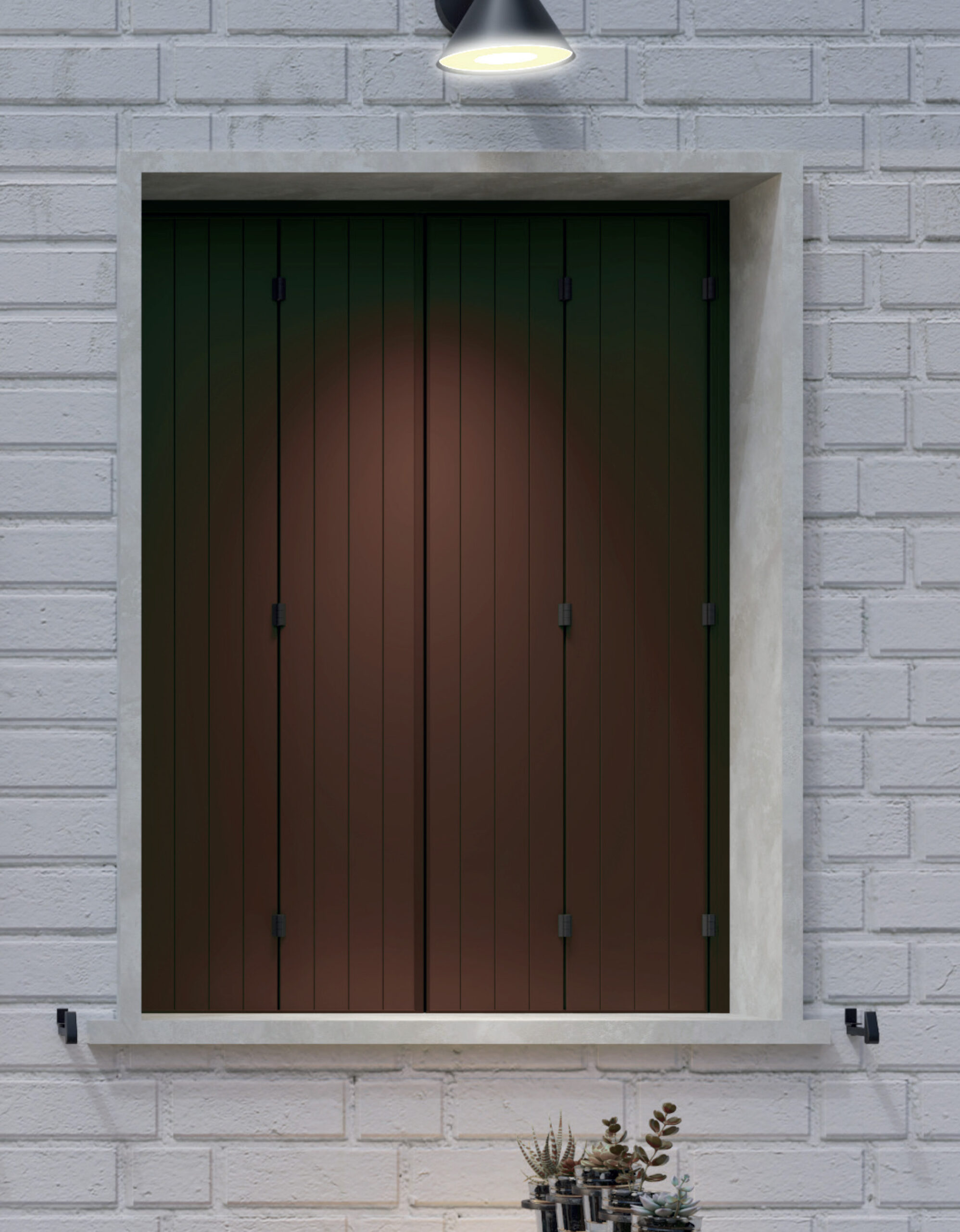 Porta in legno con inferriate e luce esterna su muro in mattoni chiari, dettagli architettonici moderni